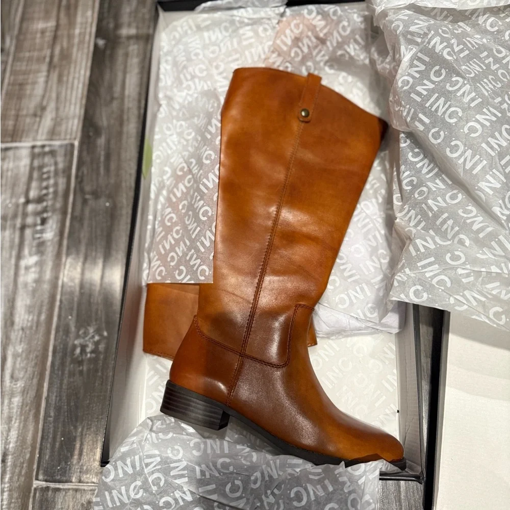 💼Gently Worn I.N.C Cognac Brown Genuine Leather Knee-High Riding Boots 8WC - Picture 3 of 6